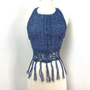 American Rag Cie Blue Crochet Halter Top Small Fringe Boho Festival Summer Beach